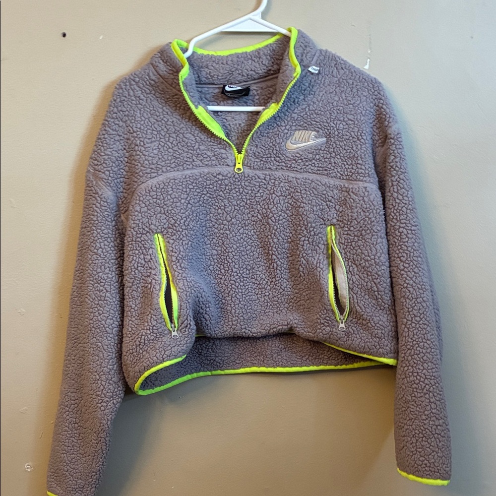Nike Grey Sherpa Pullover with Neon Yellow Trim